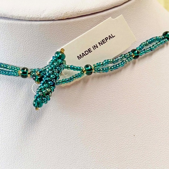 HIMALAYAN GEMS HANDCRAFTED BEADED BIB, TEAL & GOLD SEED BEADS, 18 INCHES LONG, - Picture 3 of 4